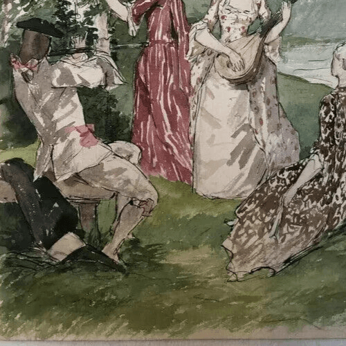 Vintage Drawing Original People, Women, Forest, Playing Musics image 6