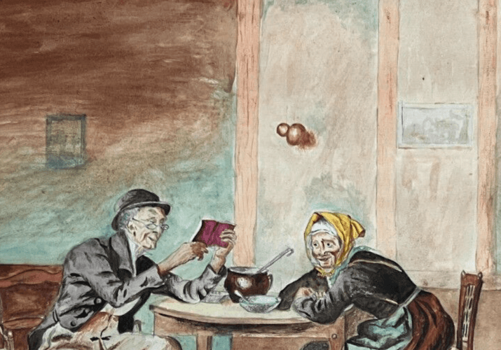 Antique Original Drawing Man, Portrait, Woman, Old People, Life Scene image 4