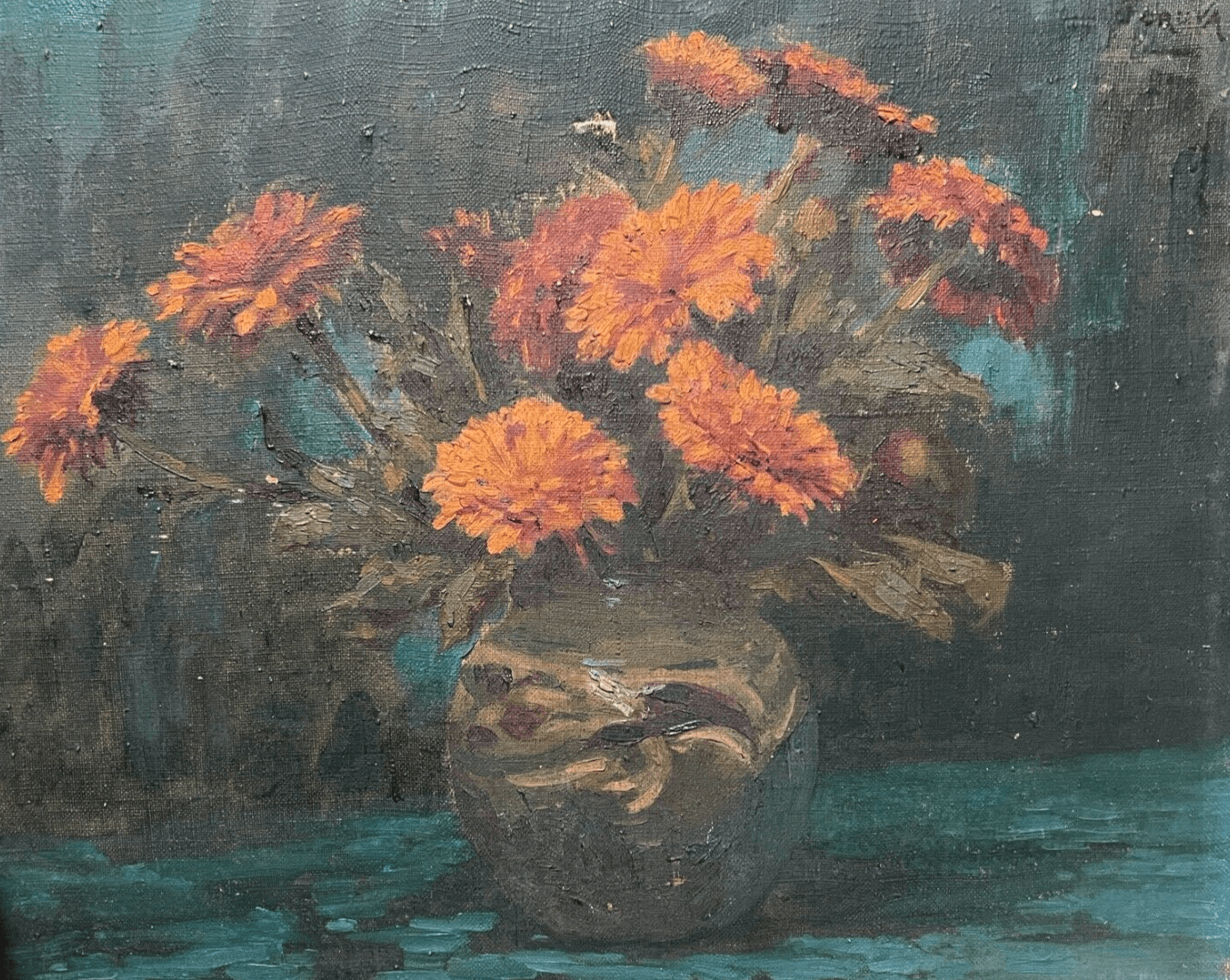 Antique Oil Painting Original Still Life, Flowers, Vase signed image 1