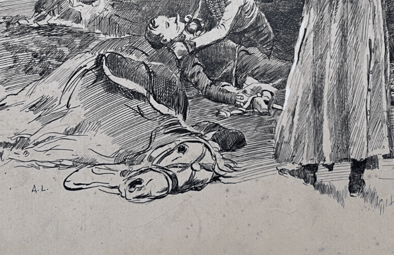 Antique Drawing 19th century Original War Military Scene, Death image 6