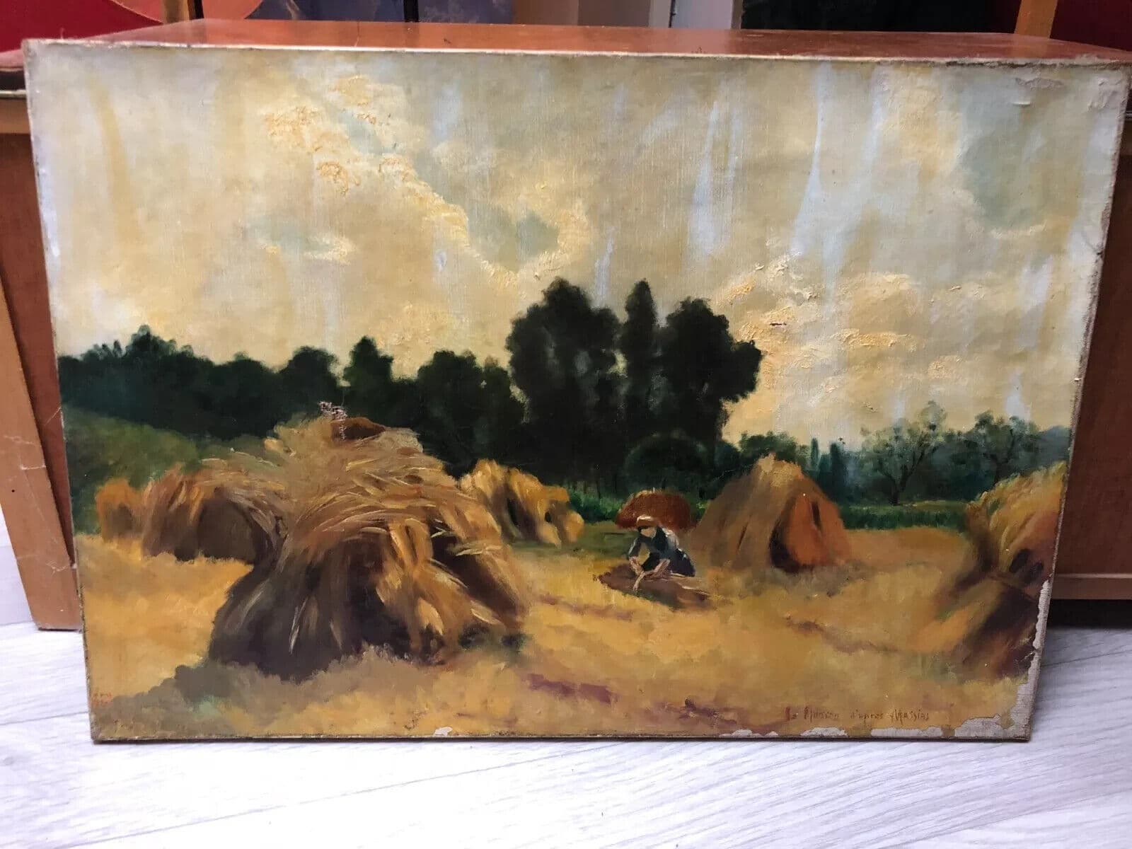 Antique Oil on canvas Old Painting Landscape, Hay, Fields image 5