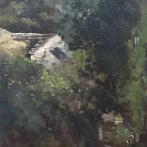 Antique Oil on canvas Original Old Painting Landscape, Path to House image 3