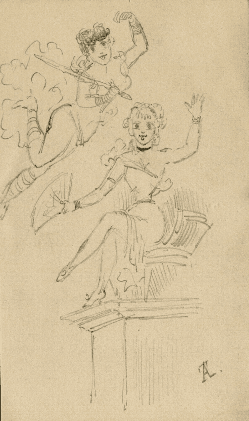 Antique Drawing Pencil Original Women, Angels, Music, Sketch image 1