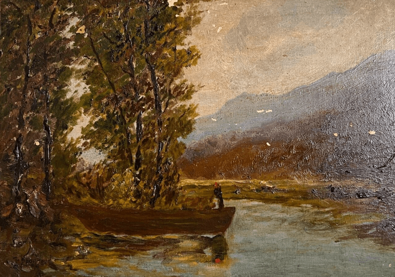 Vintage Oil Painting Maritime Landscape, Forest, Tree, Boat signed, Seascape