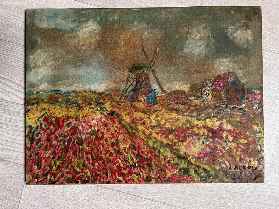 Antique Old Painting signed Mill Flowers Fields Landscape Floral image 7
