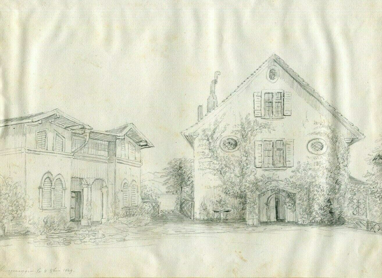 Antique Pencil Original Drawing 19th century Houses, Landscape 1849