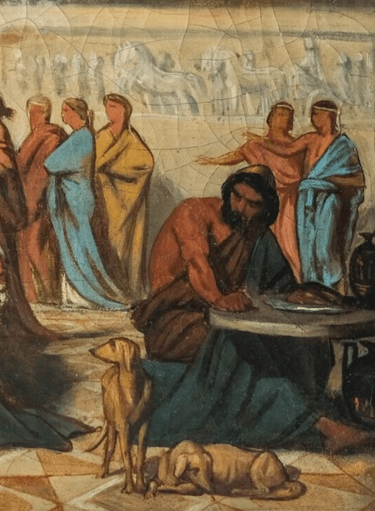 Antique Painting Original Old 19th century Banquet Scene in Athens, People image 6