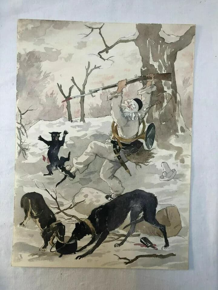Antique Vintage Original Drawing Harlequin, Dogs, Hunting image 2
