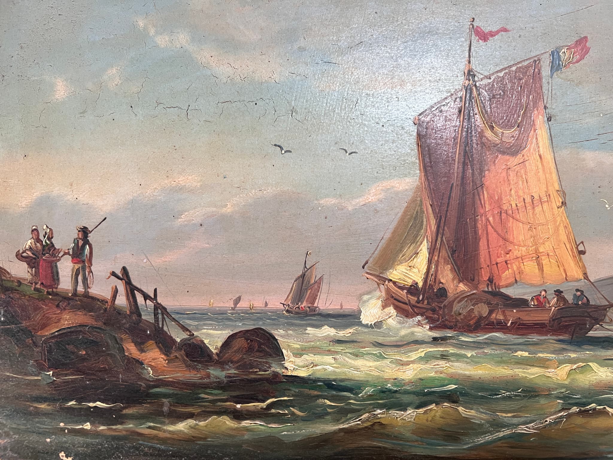 Painting by Léon BRARD (1830-1902) Maritime Landscape with Boats image 1