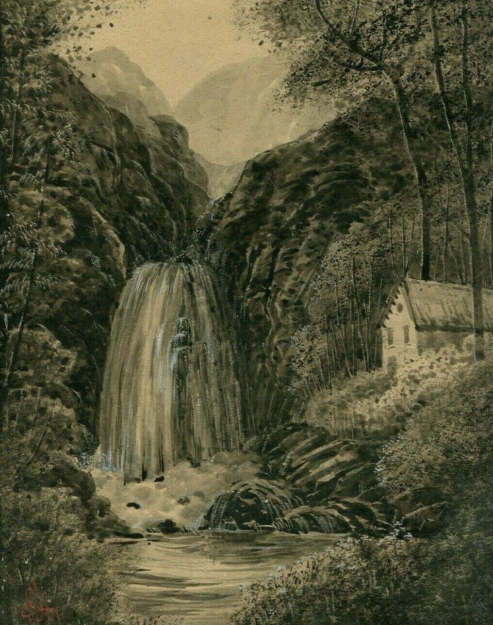 Antique Ink Original Drawing Waterfall, Landscape, Trees image 1