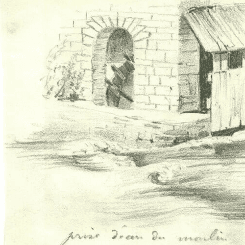 Vintage Pencil Original Drawing signed Landscape River, Watermill image 2