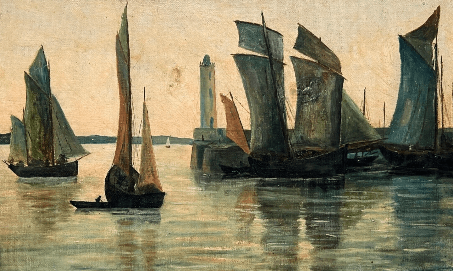 Antique Oil Painting Original Landscape, Seaview, Boats signed 19th century image 1