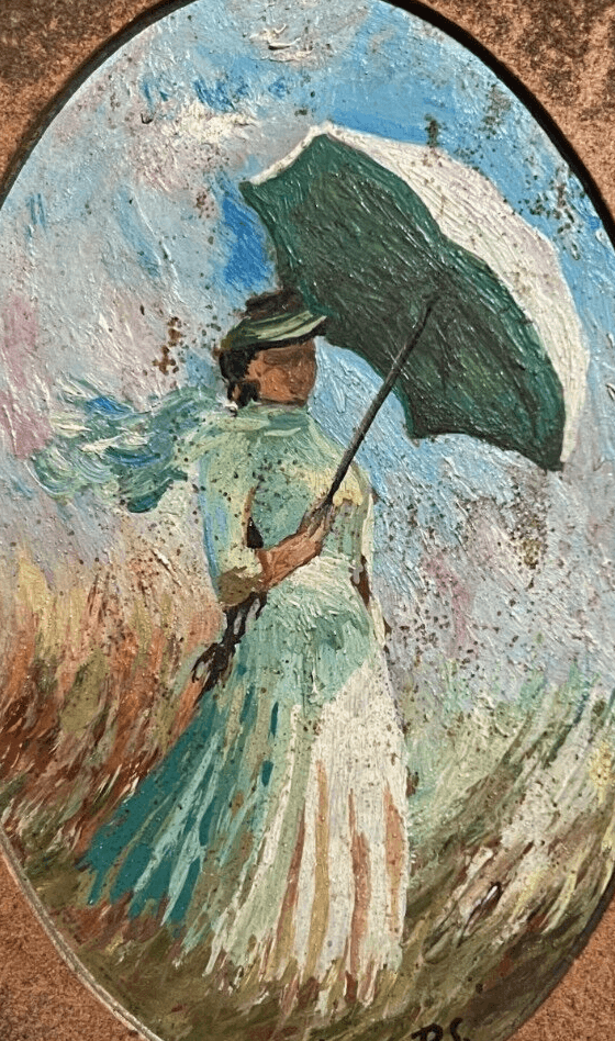 Antique Oil Painting signed Woman Portrait with Umbrella Framed