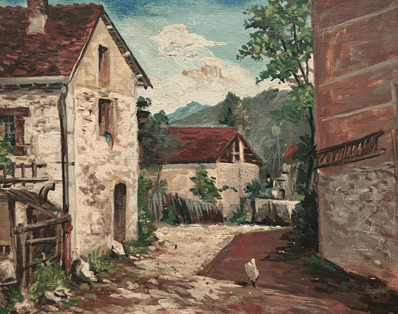 Antique Oil Vintage Original Painting Landscape Mountain Village, Chicken image 1