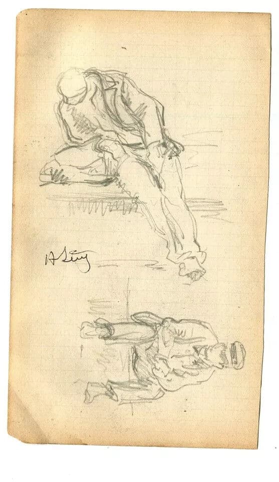 Antique Pencil Original Drawing signed Sketch Men Sitting image 6