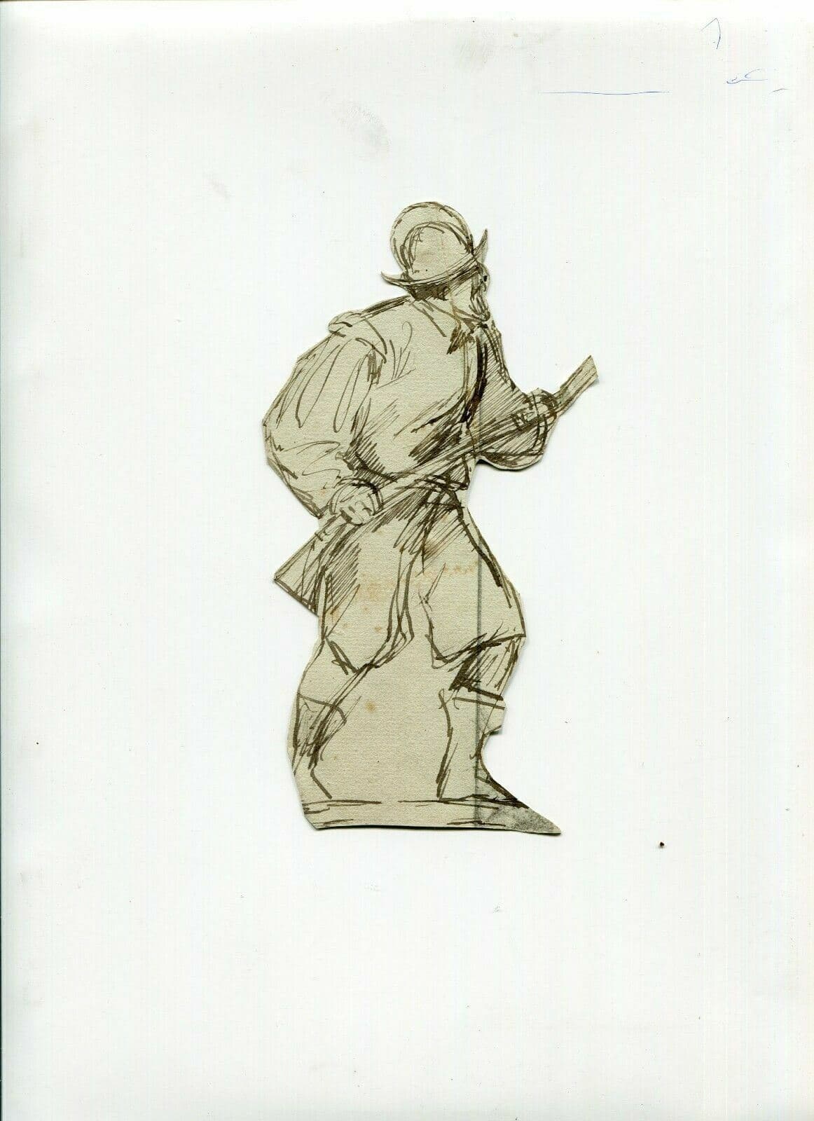 Antique Ink Original Drawing Military Man with Riffle, War image 5