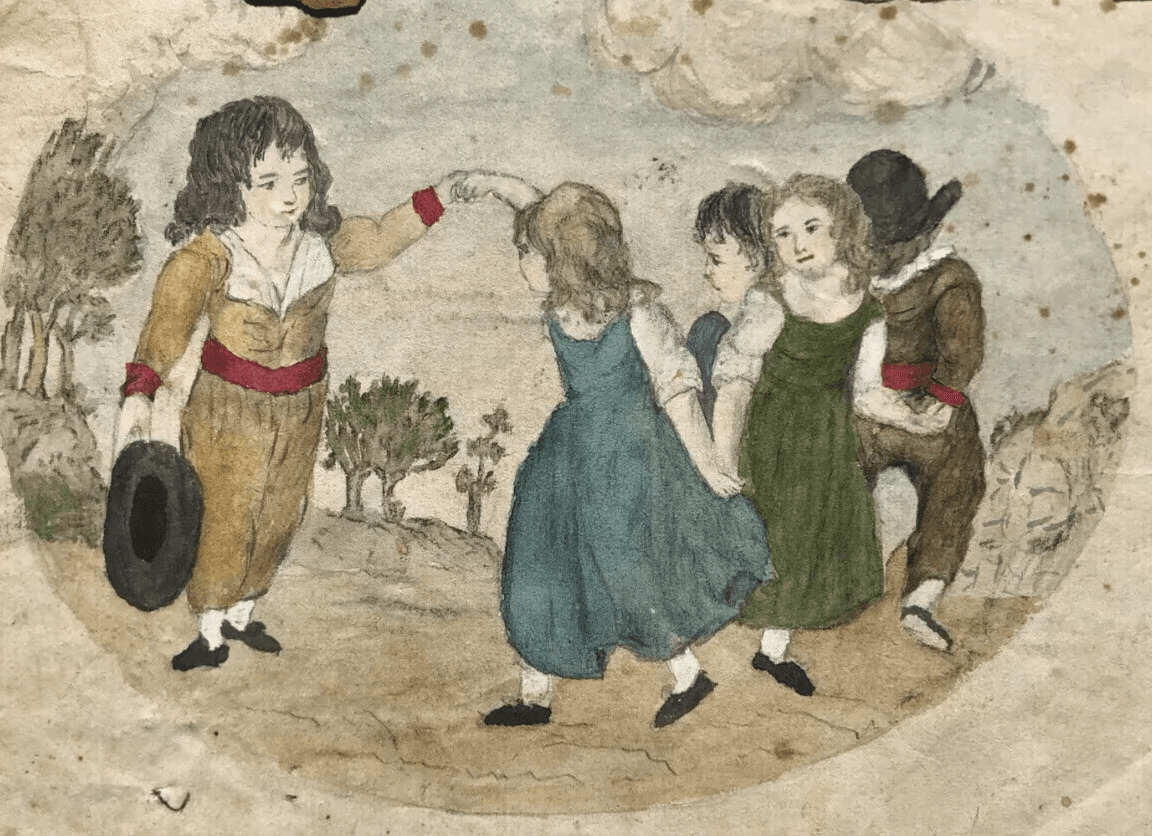 Original Antique Pencil 19th century Drawing Children, People Dancing Artwork image 1