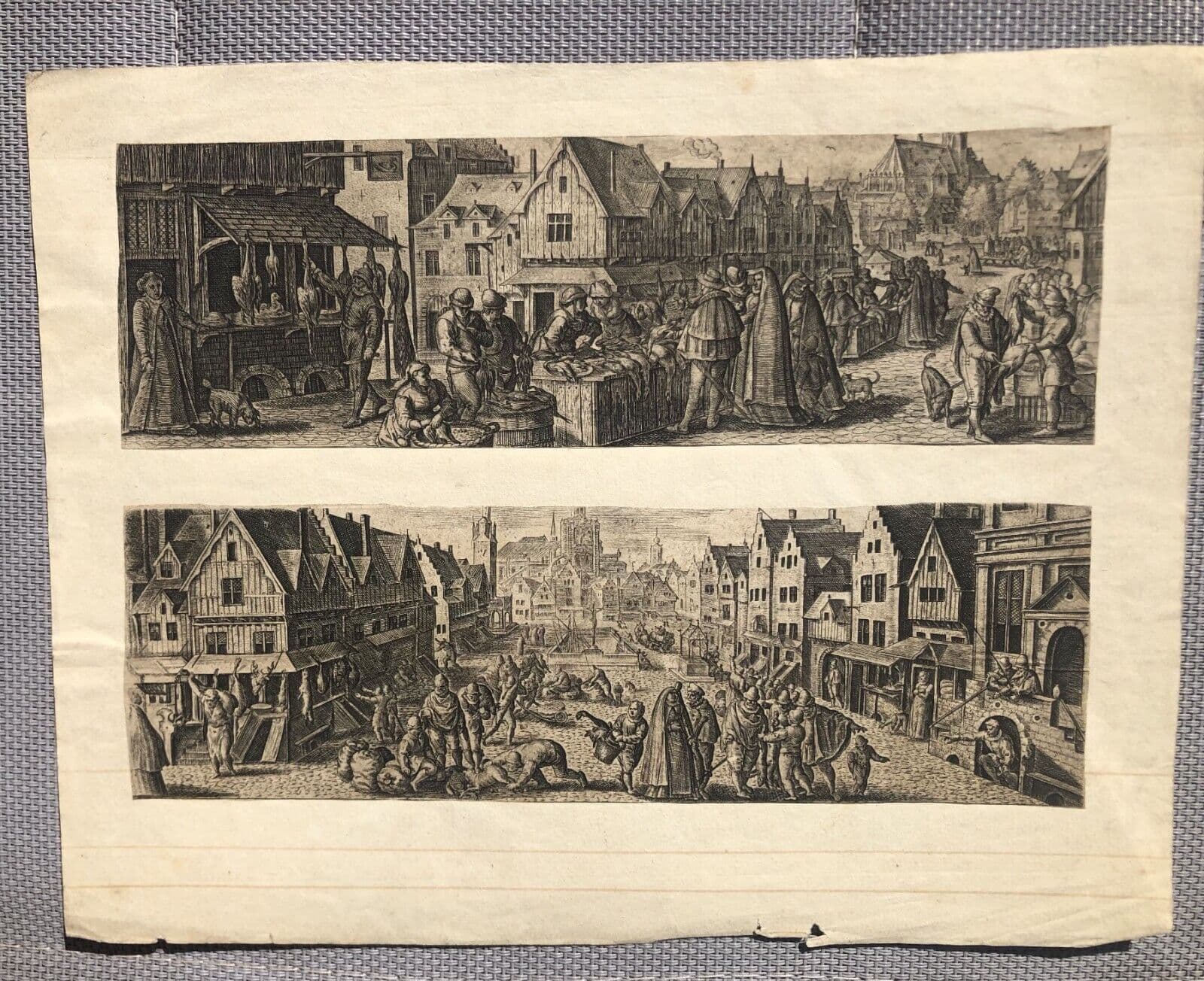 Antique Etching Original 17th century People, Market, Cityview image 7