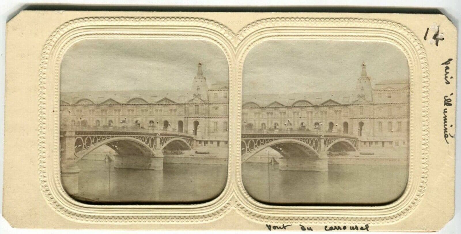 Vintage Stereoview Day/Night - Carrousel Bridge, Paris illuminé Albumen c. 1870 image 1