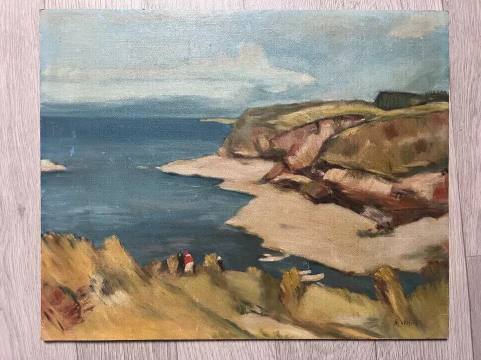 Antique Original Painting Seaside Hills Landscape Signed image 6