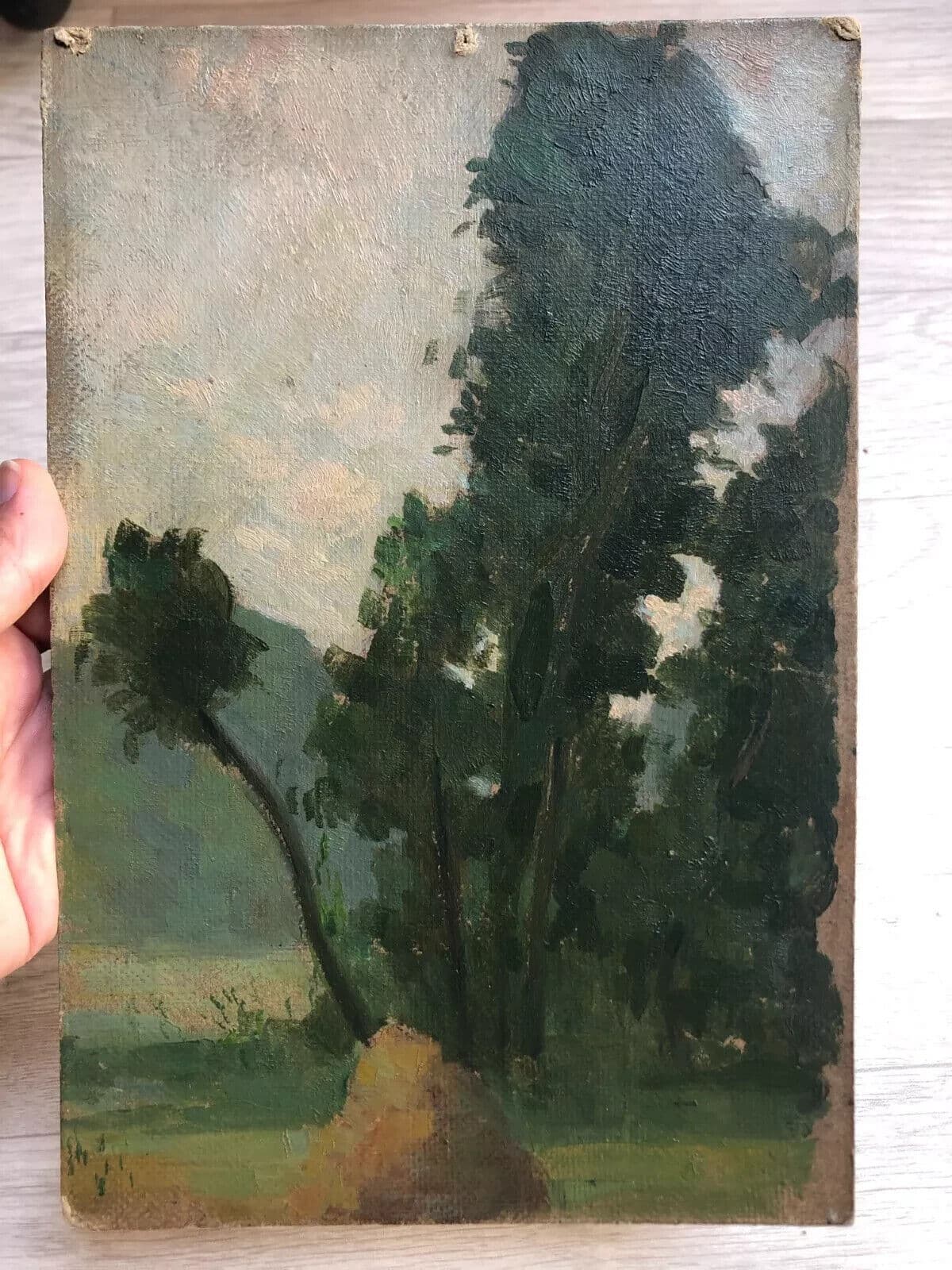 Antique Painting Original Landscape, Tree near a Pile of Hay 1905 image 5