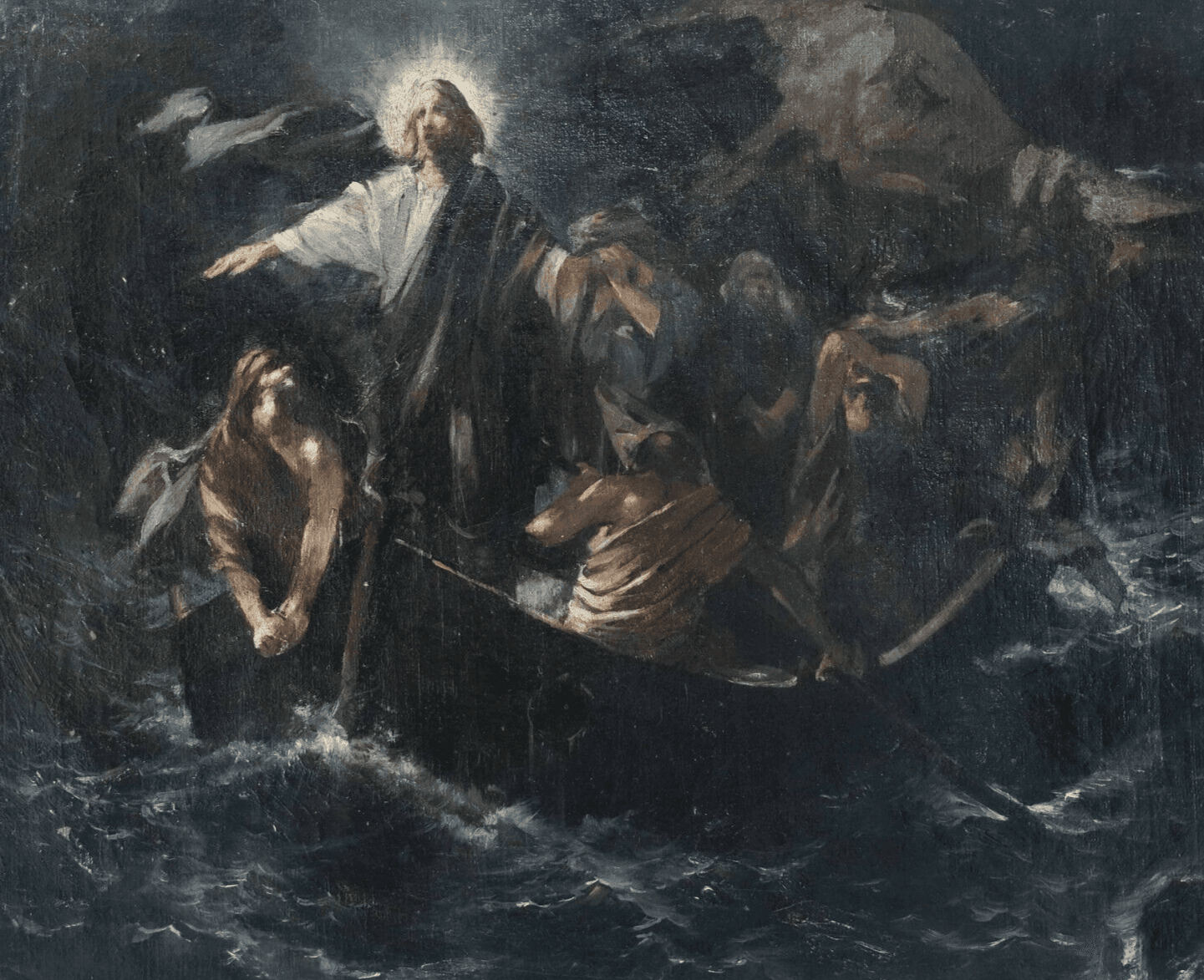 Antique Painting Original Christ, Miracle, Fish, Tiberiad, Sea, People 1888 image 1