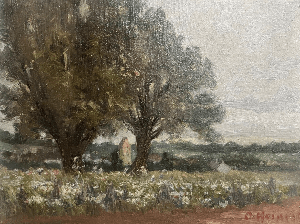 Antique Original Painting Landscape, Village, Trees, Forest signed image 1
