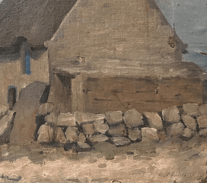 Antique Original Painting Landscape, Woman, House, Bretagne, Working Life image 3