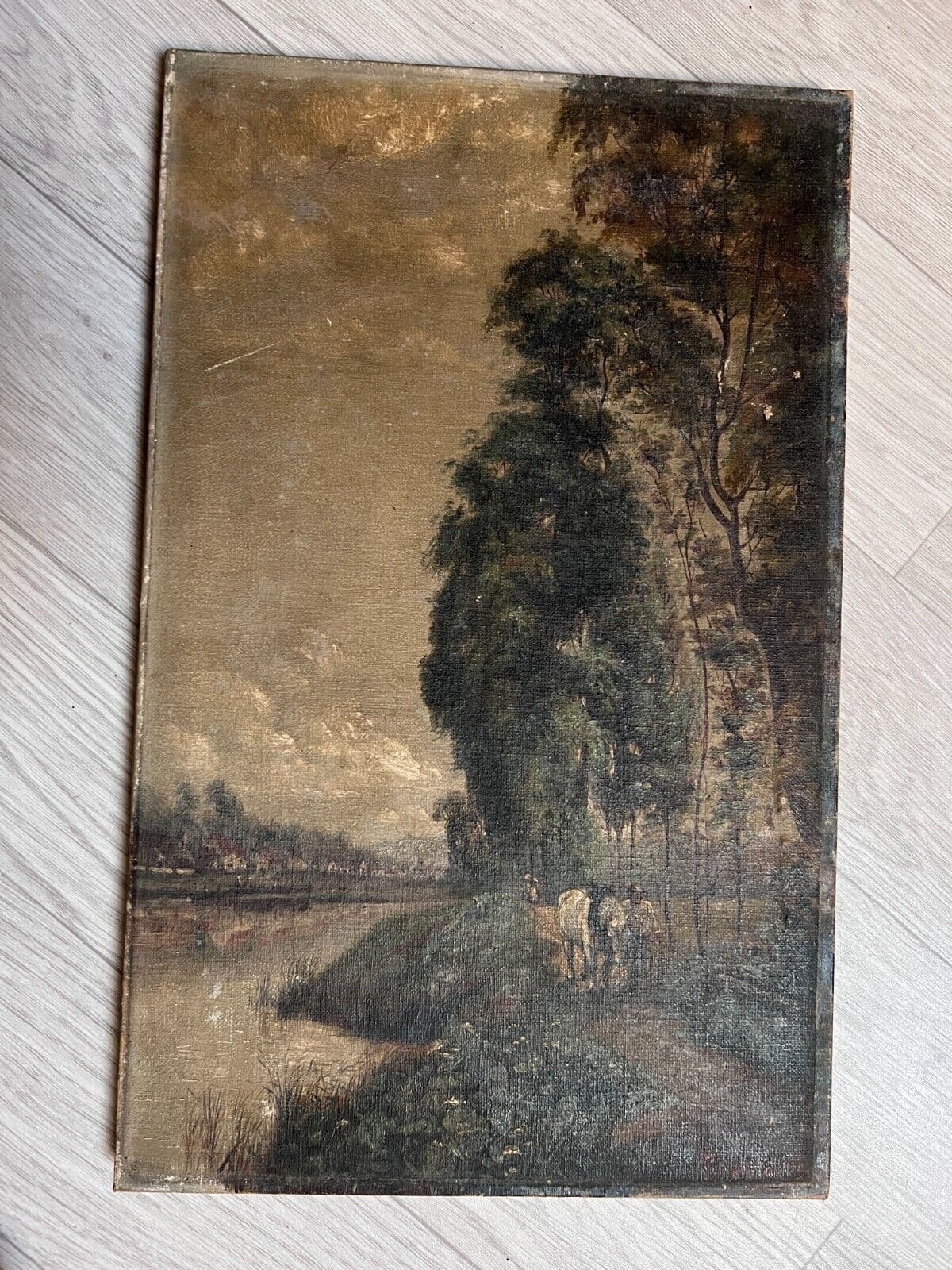 Antique Oil Original Painting River Landscape, Man with Horse, Trees, Loing image 2