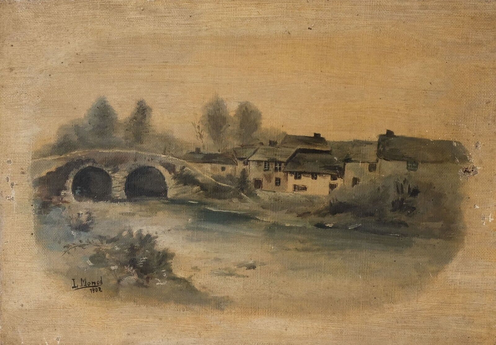 Antique Oil Painting Signed MONOD (1867-1957) Landscape, Bridge, Village image 1