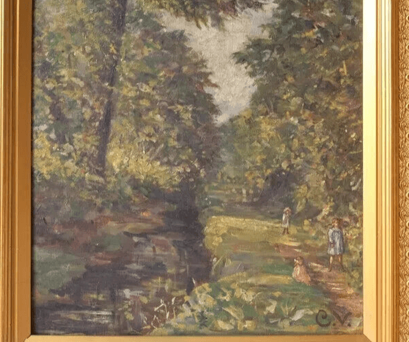 Antique Painting Original Landscape Forest and Children Playing signed image 8