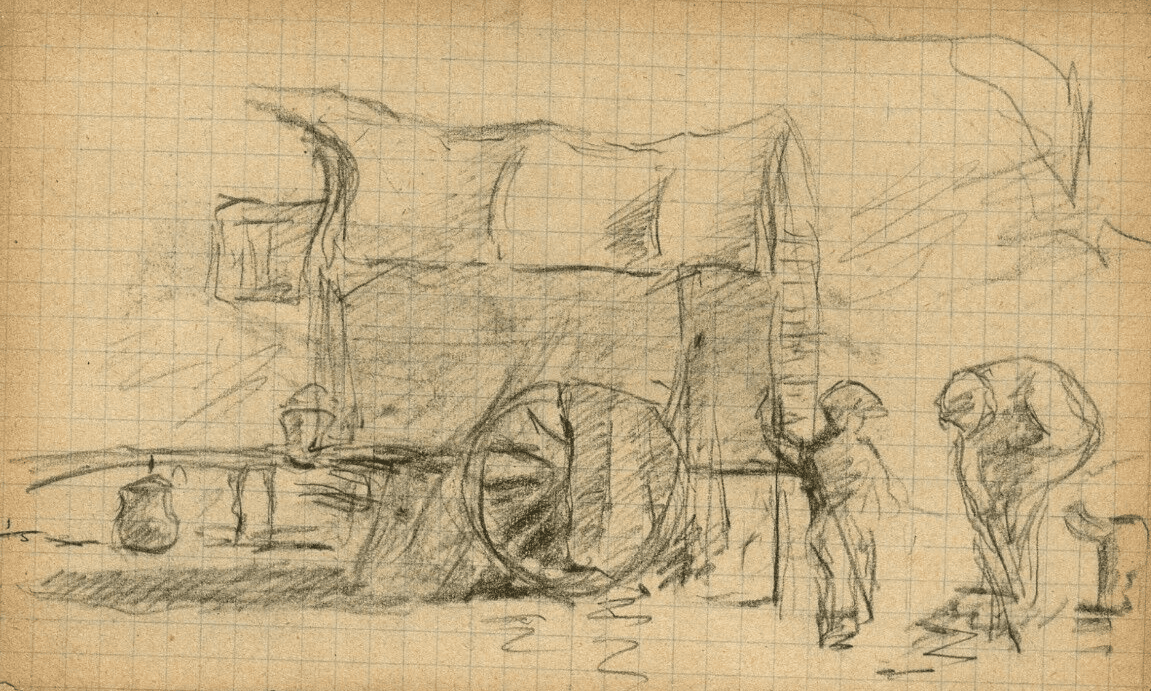 Antique Pencil Drawing Original signed Characters, Caravan, Genre Scene