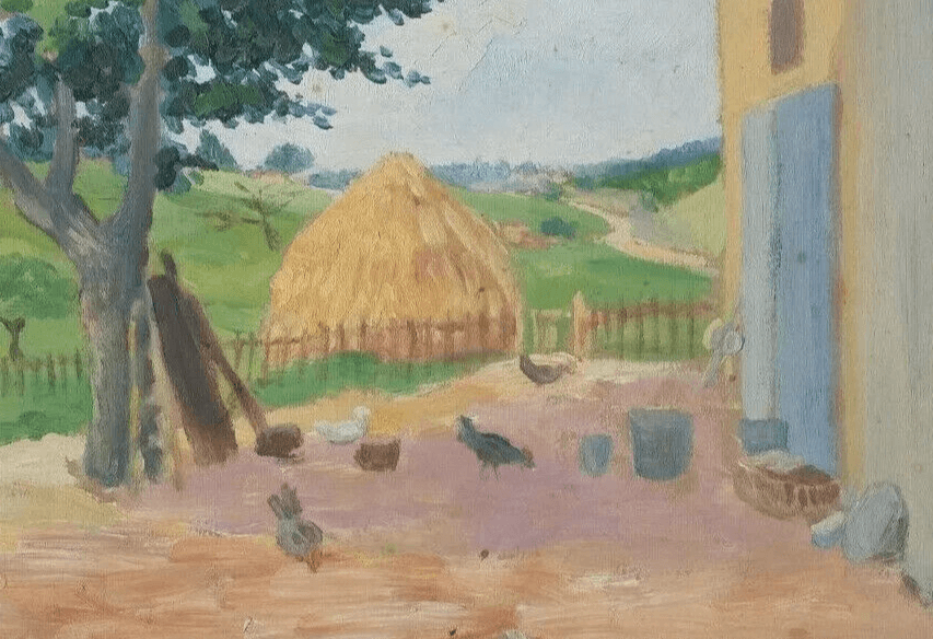 Antique Oil Original Painting Landscape Farm, Chicken Coop, Hay image 1