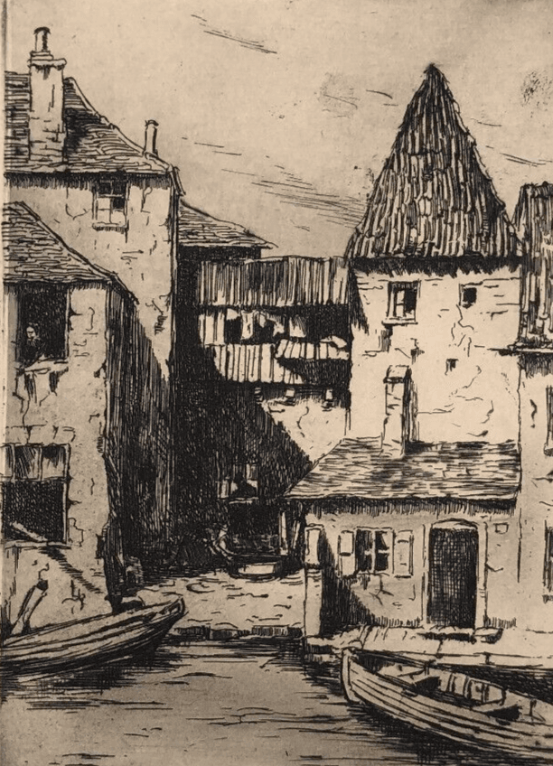 Antique Etching Original Landscape, Houses, Cityview, Town signed image 1