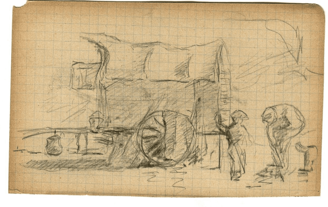 Antique Pencil Drawing Original signed Characters, Caravan, Genre Scene image 6