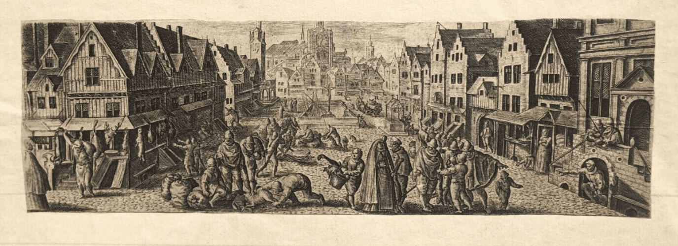 Antique Etching Original 17th century People, Market, Cityview image 3