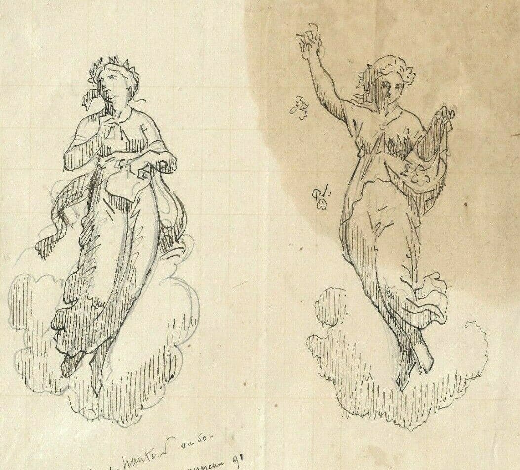 Antique Ink Drawing 19th century Two Sculpture Women, Goddess Artwork image 1