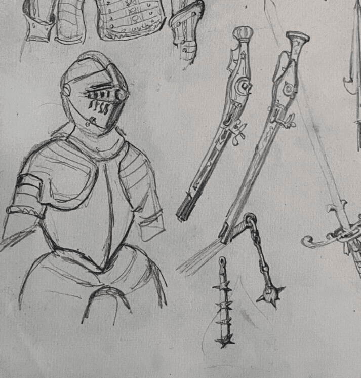 Antique Original Drawing 19th century Knight Portrait, Swords Sketches image 3