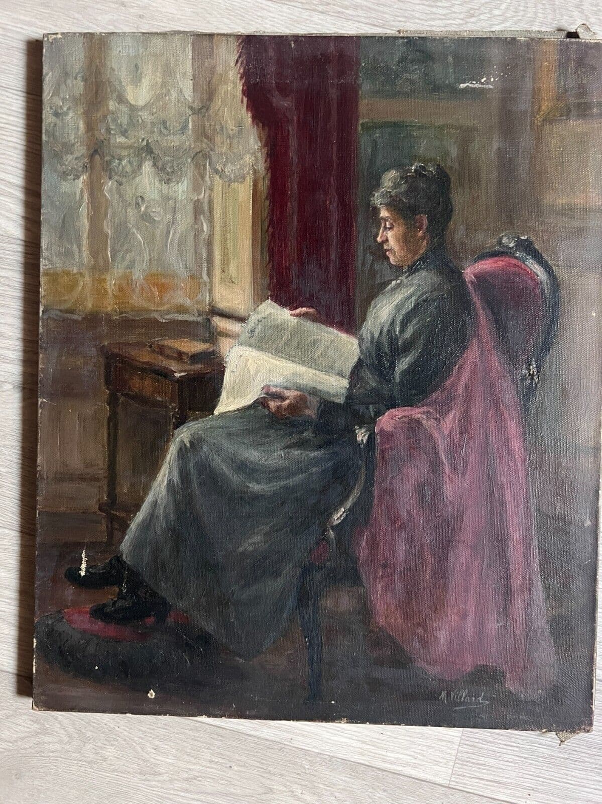 Antique Oil Painting canvas signed Woman Portrait Reading image 6