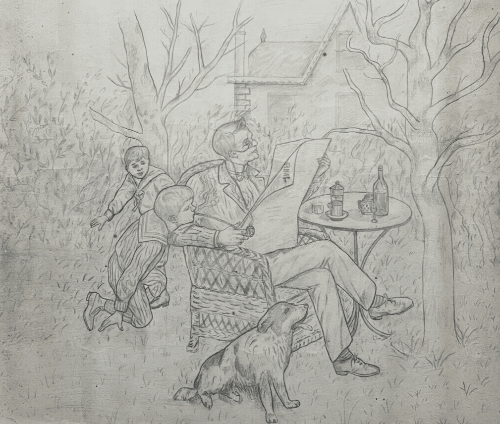 Antique Original Drawing People, Children, Dogs, Life Scene image 1