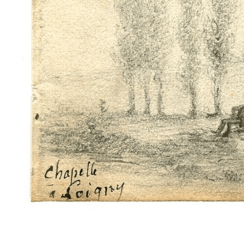 Antique Pencil Original Drawing 19th century Loigny Landscape, Church, People image 5