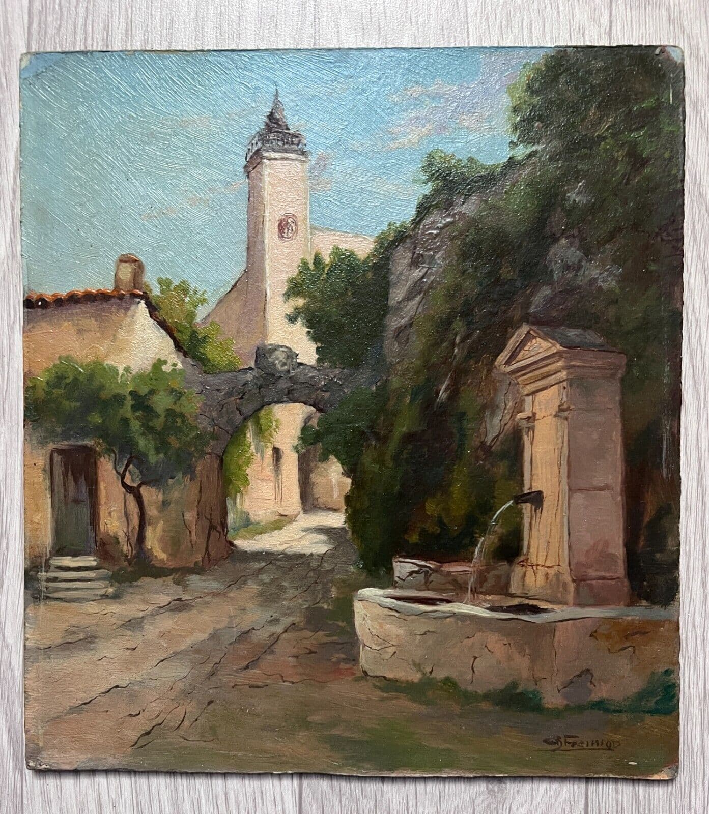 Painting City Town Landscape, Village and Fountain image 2
