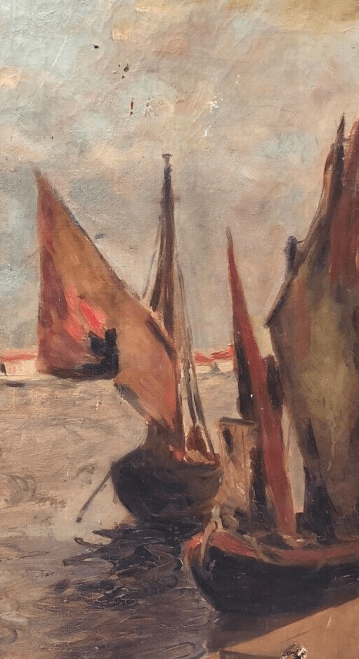 Antique Original Painting Signed Maritime Landscape with Boats at Sea, Sunset image 2