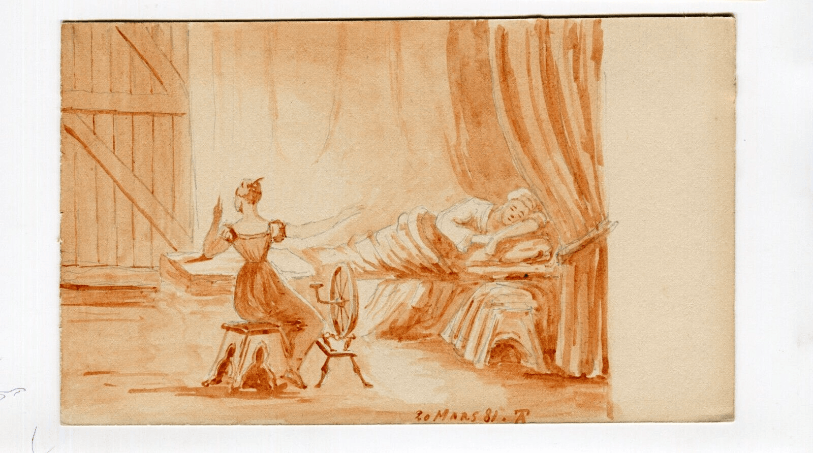 Antique Drawing Original People Man in Bed and Spinner image 6
