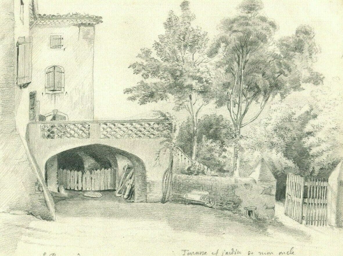 Antique Original Pencil Drawing Terrace, Garden Sketch, Artwork image 1