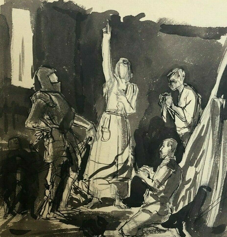 Antique Ink Drawing of Figures, Historical Scene