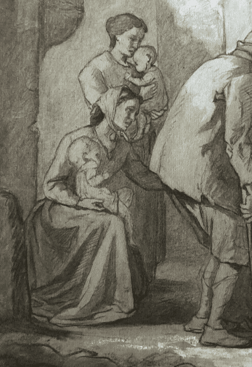 Antique Original Pencil Drawing 19th century Ink Figures, Children, Baby Artwork image 1