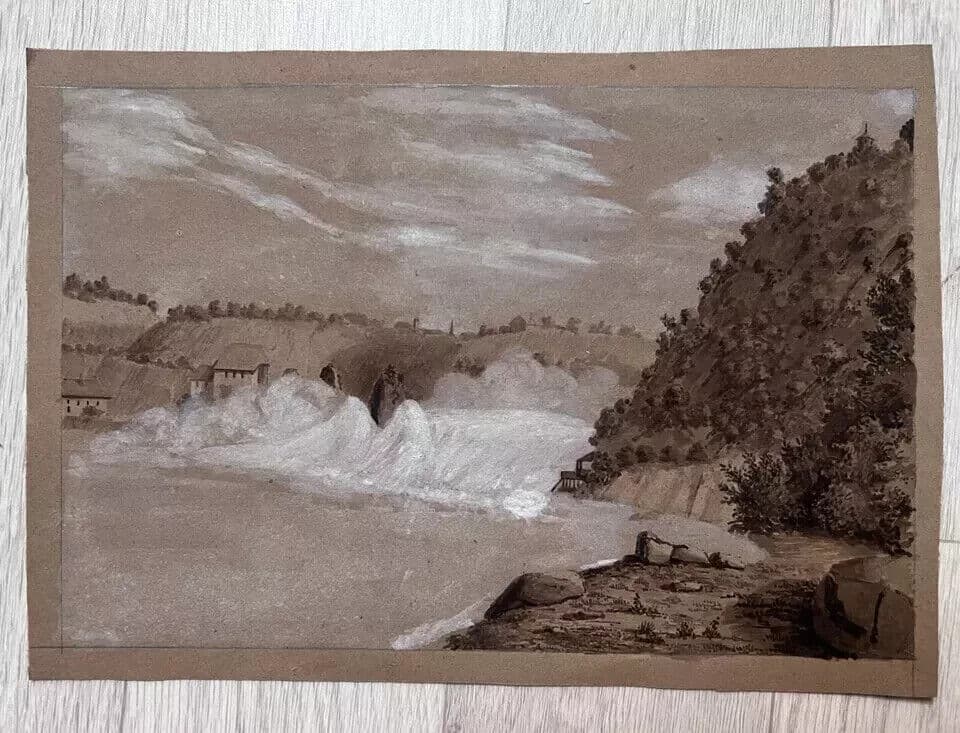 Antique Ink Original Drawing Switzerland Landscape, Waterfall image 4
