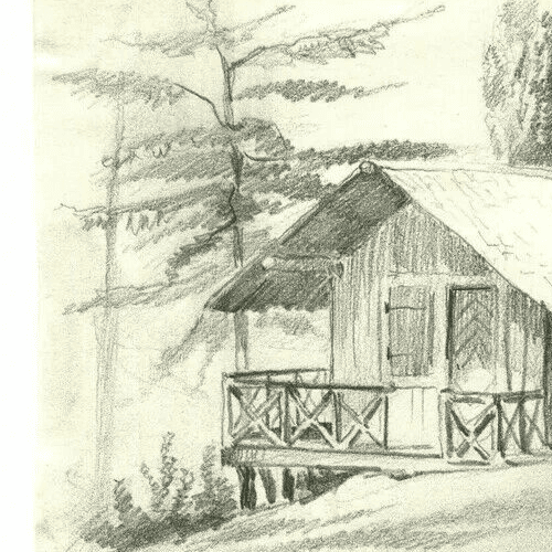 Antique Pencil Drawing House of Poche in Lignon, Landscape image 2