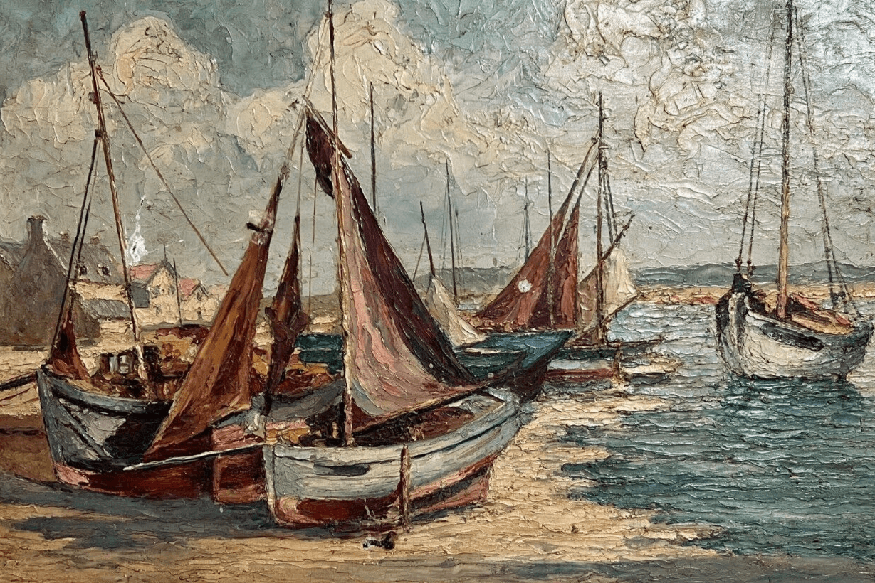 Antique Oil Painting Original Landscape, Seaview, Boats signed